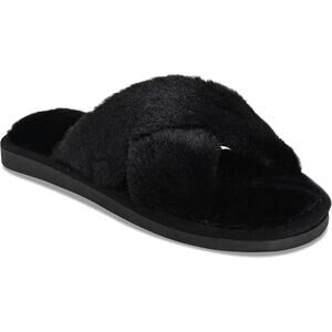 Asny Fiona Women Black Faux Rabbit Fur Cross Band Slip-On Cozy Slippers US 9-9.5